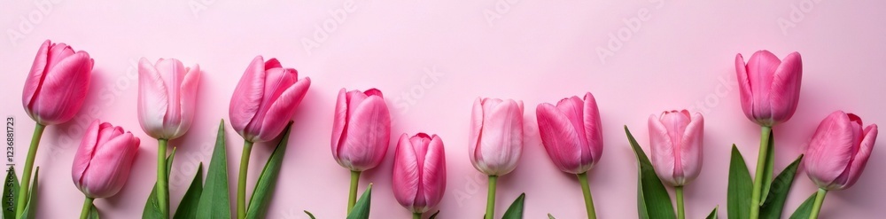 Naklejka premium Pastel pink tulips scattered on a monochrome round background, tulip, purple