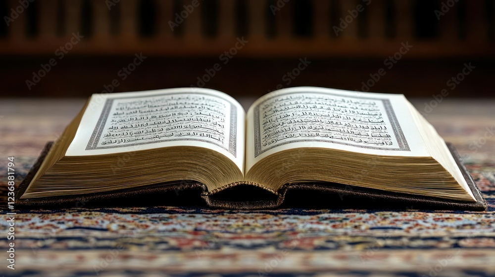 Open Quran on prayer rug, Islamic holy book, reading, mosque background Open Quran on prayer rug, Islamic holy book, reading, mosque background