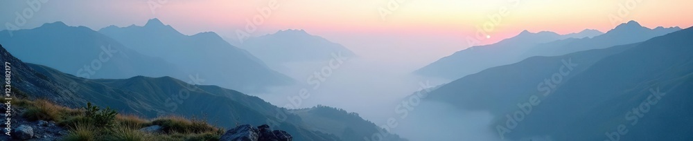 Fototapeta premium Foggy morning on the mountain with a sense of stillness, quiet, granite