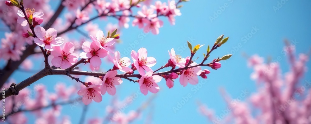 Soft pink plum branches unfurl against cerulean sky, trees, blue sky Soft pink plum branches unfurl against cerulean sky, trees, blue sky