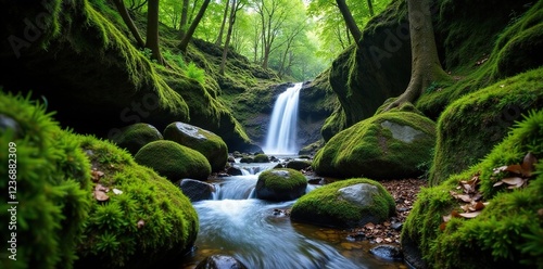 Moss-covered rocks near Barranco de Azuaje waterfall, azuaje, stone, forest photo