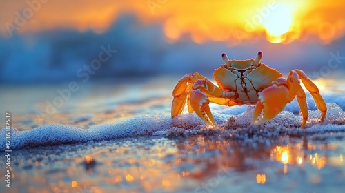 Orange crab on beach at sunrise photo