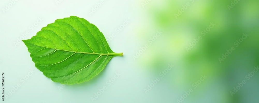 Delicate green leaf with intricate veins on a light gray background, foliage, leafy greens Delicate green leaf with intricate veins on a light gray background, foliage, leafy greens