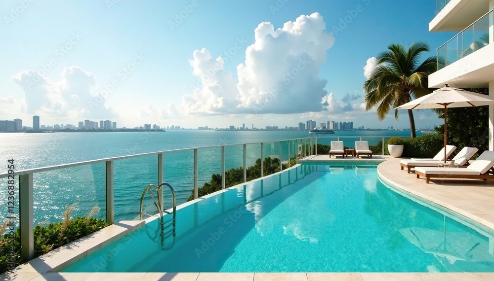 Fototapeta premium Luxury apartments with a rooftop pool overlooking the Miami Bay, Miami, luxury, pool