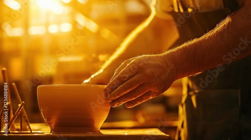 Artisan Crafting a Clay Bowl in a Workshop Bathed in Golden Sunlight