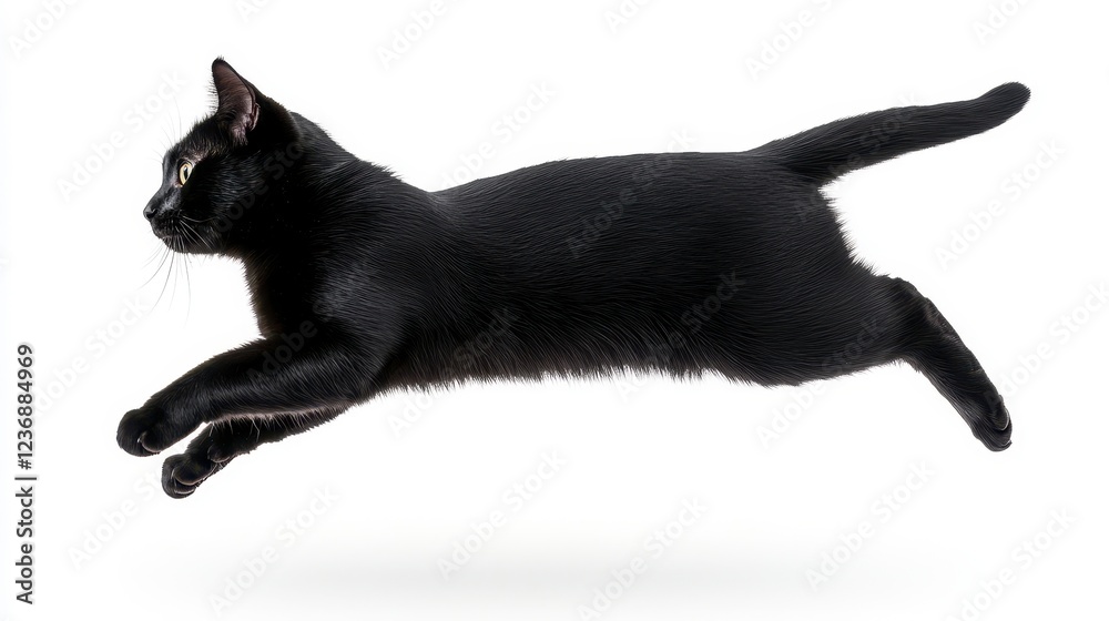 Black Cat Leaping In Mid-Air Against White Background Black Cat Leaping In Mid-Air Against White Background