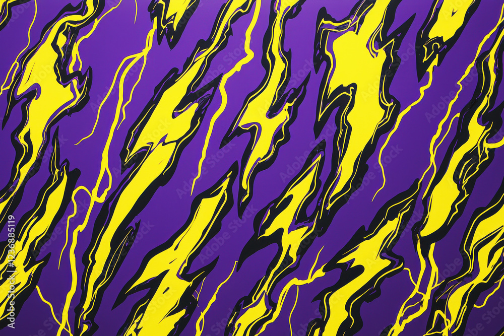 Vivid abstract lightning bolts pattern in yellow and black on a vibrant purple backdrop energizes modern design Vivid abstract lightning bolts pattern in yellow and black on a vibrant purple backdrop energizes modern design