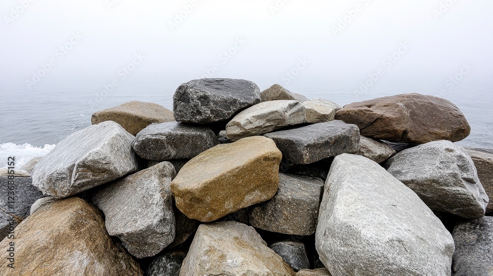 Stacked Rocks on Shoreline with Foggy Ocean Background Stacked Rocks on Shoreline with Foggy Ocean Background