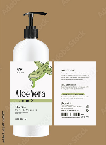 Elegant aloe vera label featuring modern typography and botanical packaging. The minimalist layout uses soothing colors for an eco-friendly appeal, perfect for skincare and organic products.