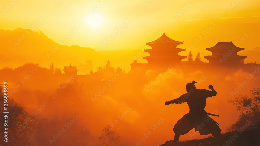 Martial Arts Warrior Ninja Performing Kung Fu Move Near Ancient Temple At Sunset