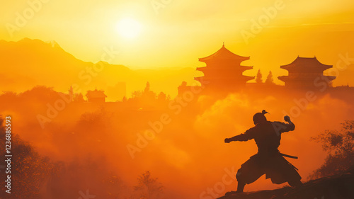 Obraz na płótnie Martial Arts Warrior Ninja Performing Kung Fu Move Near Ancient Temple At Sunset w salonie