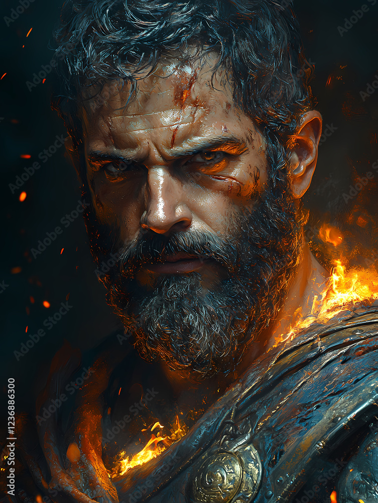 Epic CG artwork of a heroic mythical character in armor, showcasing facial hair and a moustache. Perfect for film and fantasy projects.