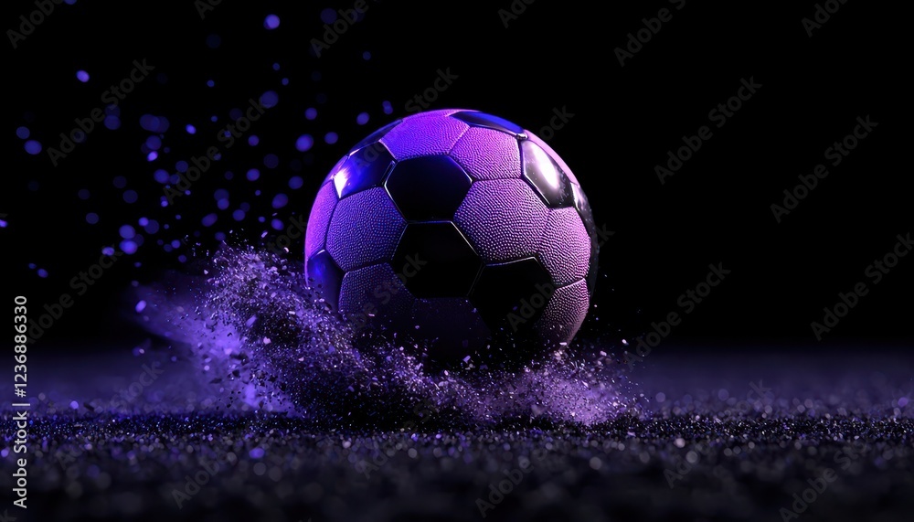 Fototapeta premium A vibrant soccer ball in motion, surrounded by purple dust, capturing the essence of dynamic gameplay.