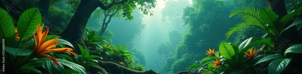 Fototapeta A dense jungle with exotic plants and a misty atmosphere, jungle ecosystem, green canopy