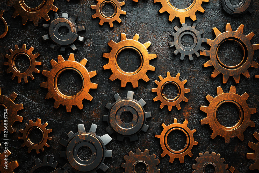 Bold metallic gears and cogs forming an intricate pattern on a dark textured background showcasing industrial design elements Bold metallic gears and cogs forming an intricate pattern on a dark textured background showcasing industrial design elements