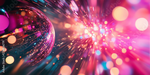 Colorful banner with sparkling disco ball. Night party, dancing event, bokeh lights.