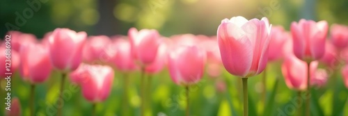 A field of pale pink tulips swaying gently in the breeze, blooming, serene landscape,