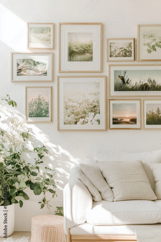 Naklejka premium Stylish modern living room interior with many picture frames hanging on the wall above a sofa. Cozy living room arrangement with big window, soft blankets and pillows and house plants.