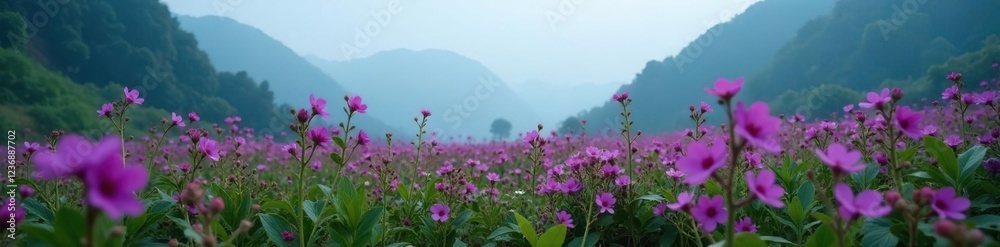 Fototapeta premium Rare sighting of karvi flowers in the misty morning atmosphere, purple bloom, western ghats, rare sight