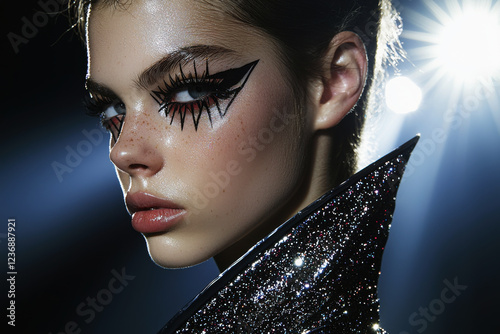 Close-up of a model showcasing bold graphic eyeliner and futuristic styling in an edgy fashion display photo