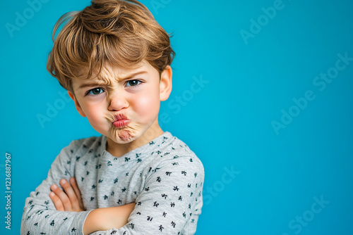 Child makes a funny face with arms crossed in front of a bright blue background indoors