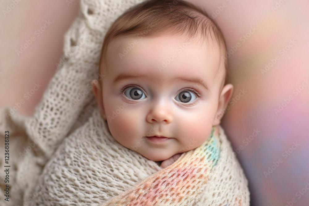 Sweet baby wrapped in a colorful blanket with bright, expressive eyes and a gentle smile in a serene setting Sweet baby wrapped in a colorful blanket with bright, expressive eyes and a gentle smile in a serene setting