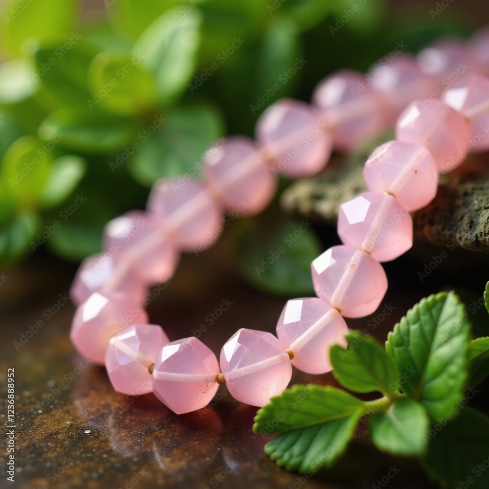 Obraz premium Soft pink cubic cut morganite beads nestled among greenery, organic, spring, summer