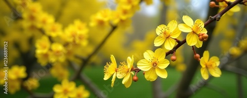 Barberry bush with blooming flowers in spring, yellow flowers, tree, spring