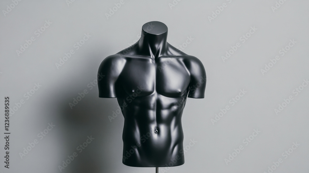 High-quality gray male mannequin torso with sculpted features against simple backdrop High-quality gray male mannequin torso with sculpted features against simple backdrop