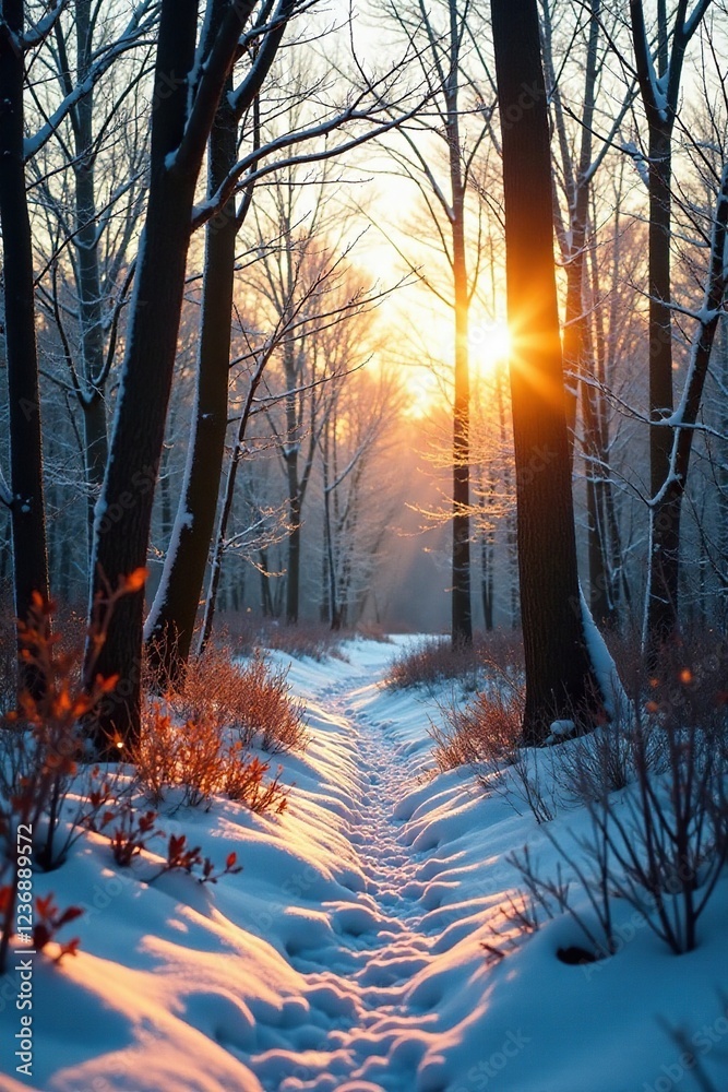 Naklejka premium Sunlight filters through bare tree limbs in a frozen forest landscape, bare, sunlight