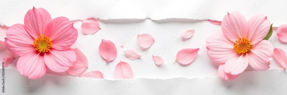 Fragile flower petals fall onto a torn white paper background, petals, tear Fragile flower petals fall onto a torn white paper background, petals, tear