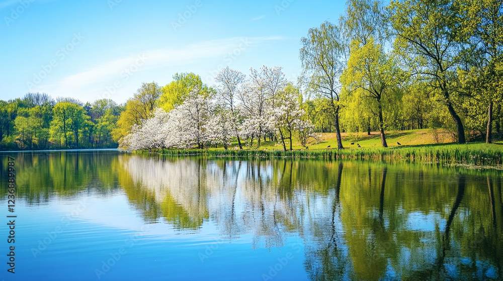 Idyllic spring day by the calm lake surrounded by blooming trees and clear blue sky Idyllic spring day by the calm lake surrounded by blooming trees and clear blue sky
