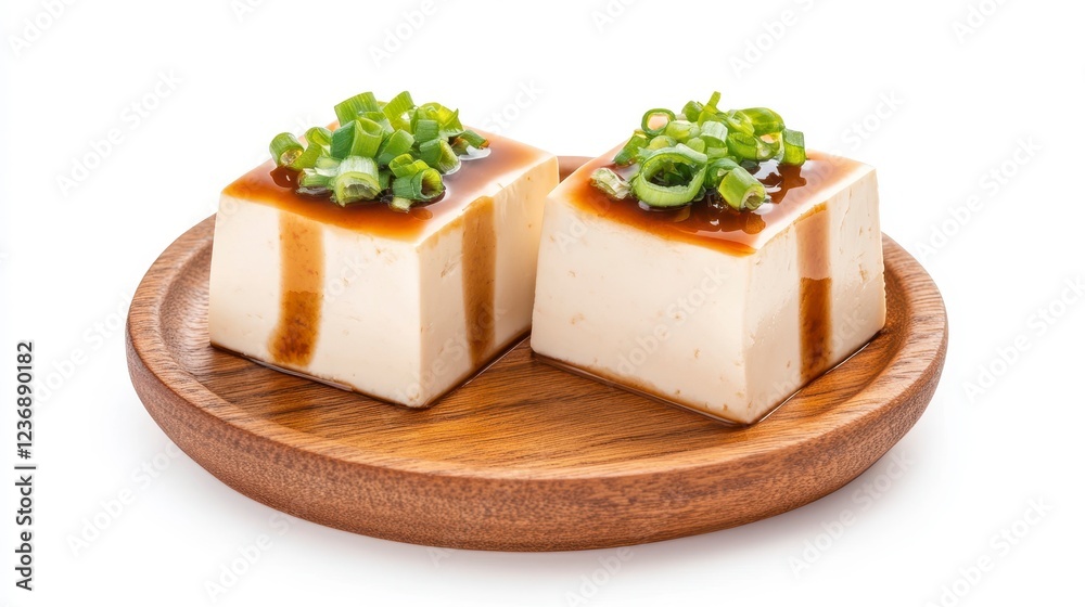 Delicious Tofu Dish with Green Onions on Wooden Serving Plate Delicious Tofu Dish with Green Onions on Wooden Serving Plate