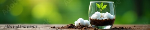 Cotton wool on a glass with submerged bean sprouts, cotton, botany