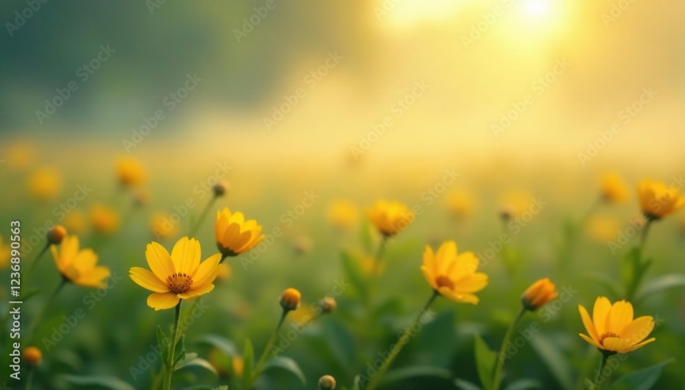 Fototapeta premium Softly lit yellow petals spill across a misty morning scene, cloudy, flowers