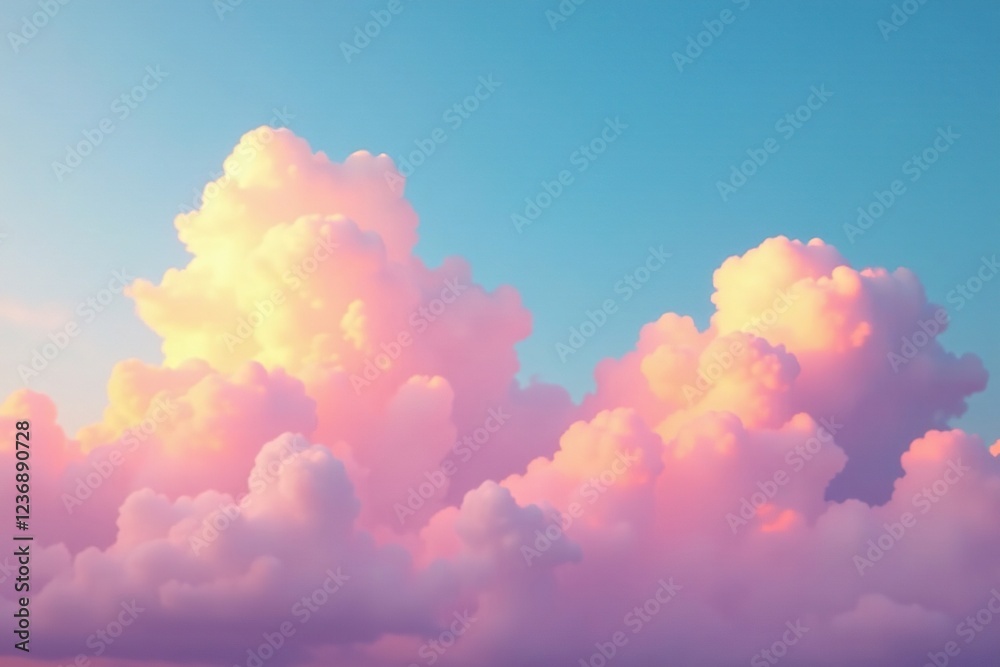 Fototapeta premium Clouds in shades of pastel pink and peach blend seamlessly into a bright blue sky at sunset, pastel pink, sunset, peaceful