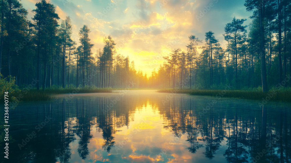 Enchanting spring swamp with stunning reflections and towering trees Enchanting spring swamp with stunning reflections and towering trees