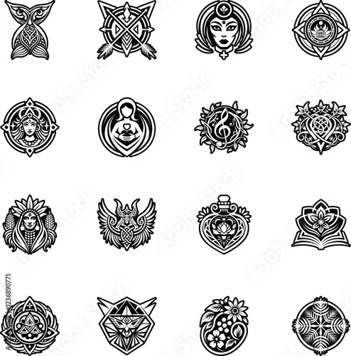 Set of Female Strength Tattoo Glyph Icons 

