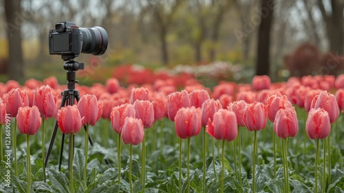 Outdoor camera tripod with DSLR, capturing tulips in bloom photo