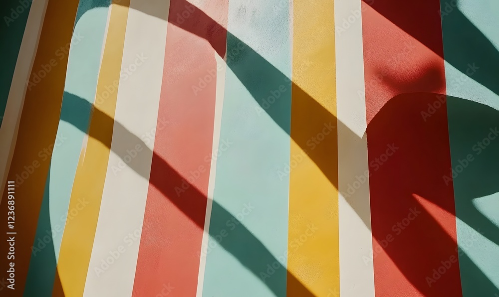 Fototapeta premium Colorful striped wall, sunlight shadows, interior design, playful background, home decor