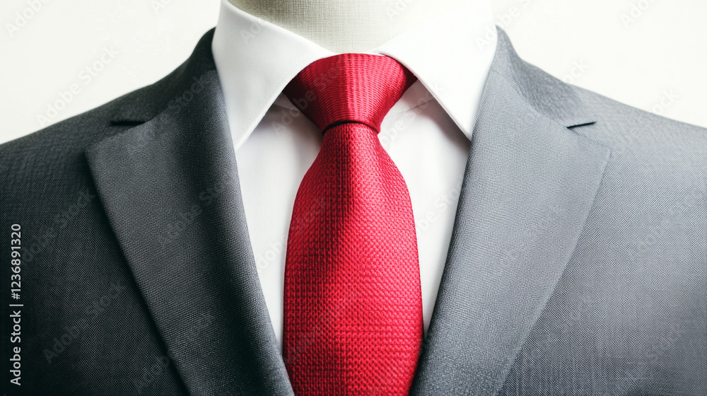 Stylish minimalist grey business suit with a striking red tie displayed on a mannequin Stylish minimalist grey business suit with a striking red tie displayed on a mannequin