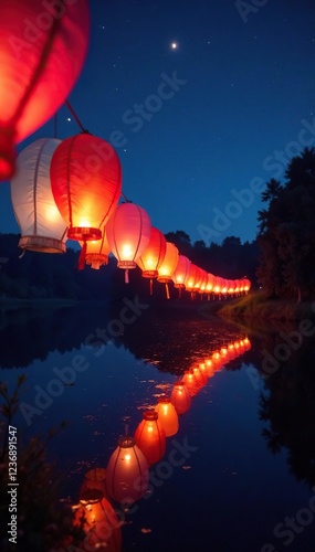 Night sky with a plethora of colorful lanterns suspended above a serene lake, lanterns, lake photo