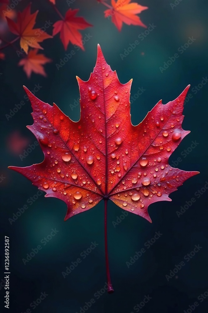 Sparkling water drops on a deep blue maple leaf, fall, maple Sparkling water drops on a deep blue maple leaf, fall, maple