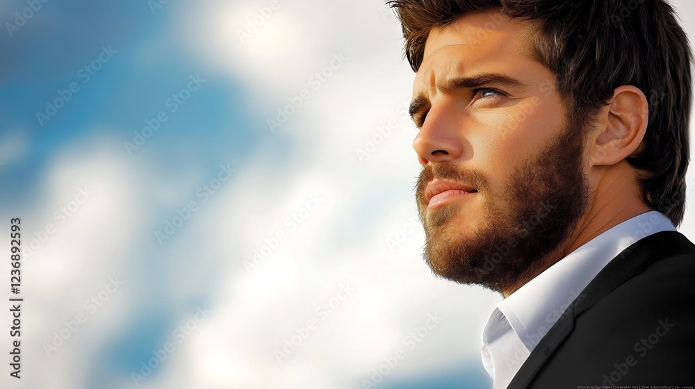 Thoughtful man in a suit gazing into the distance against a cloudy sky, evoking contemplation Thoughtful man in a suit gazing into the distance against a cloudy sky, evoking contemplation