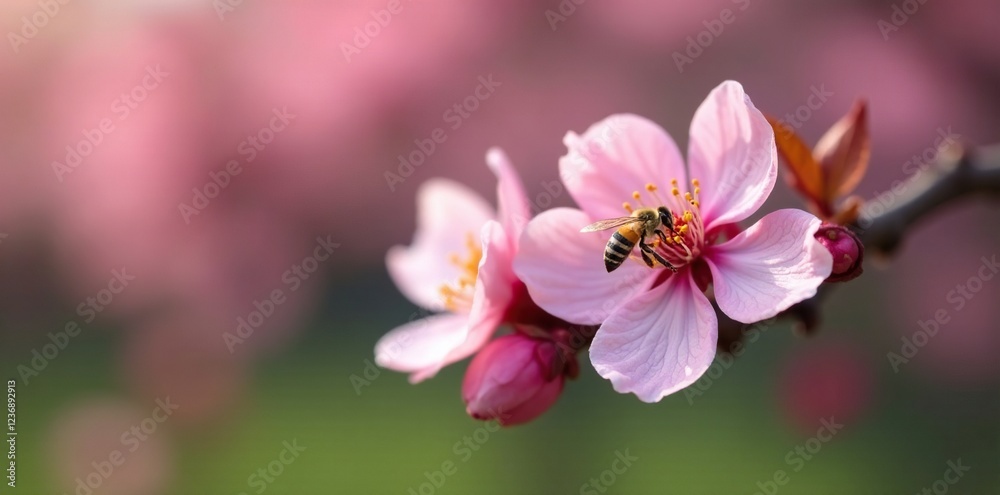 A single pink cherry blossom on a branch with a tiny bee collecting pollen, garden, bee A single pink cherry blossom on a branch with a tiny bee collecting pollen, garden, bee