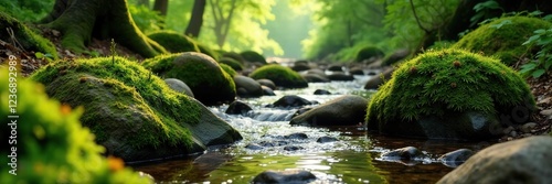 Forest floor features moss covered rocks and a gentle stream, natural scenery, nature, river rock