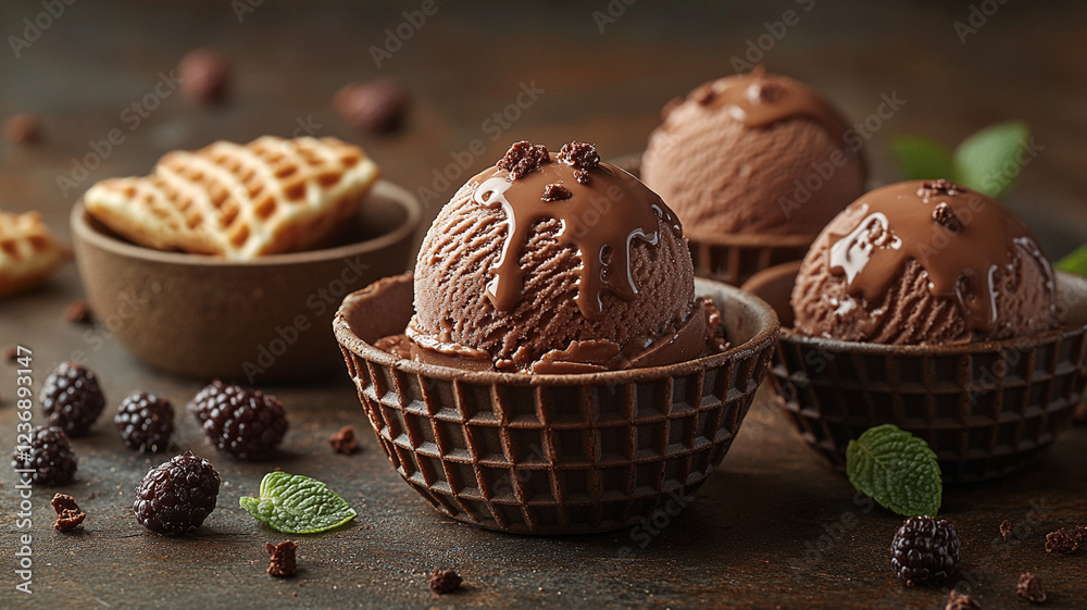 Assorted ice cream scoops in a waffle cup. Advertising photo of ice cream.