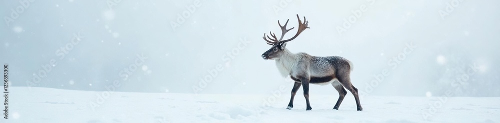 Delicate gray snowflakes gently fall around a reindeer on a pristine white background, serene atmosphere, icy landscape Delicate gray snowflakes gently fall around a reindeer on a pristine white background, serene atmosphere, icy landscape