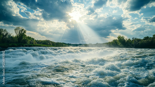 Powerful spring flood covers meadows as sun rays break through dramatic clouds