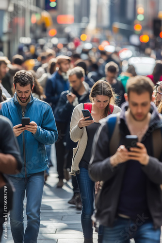 Crowd of people walking on a busy city street. People holding phones and looking at screens. Digital detox and addiction to social media concept.